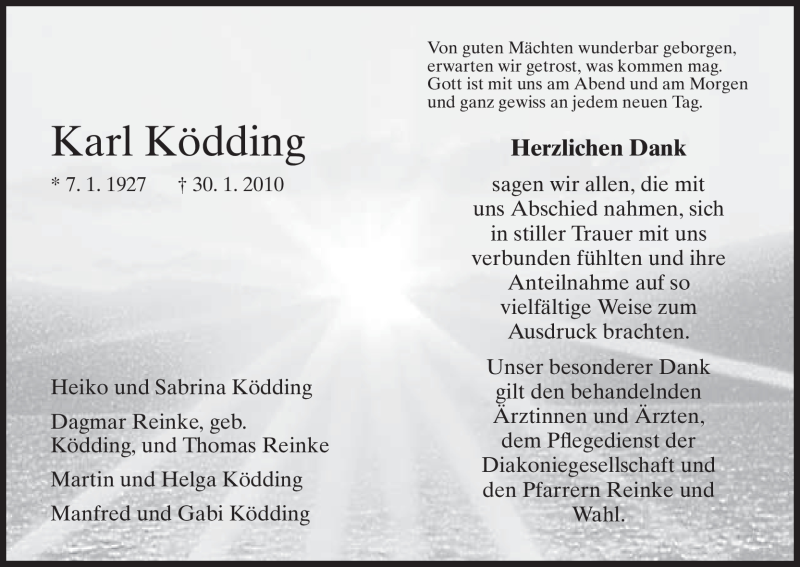  Traueranzeige für Karl Ködding vom 13.02.2010 aus HNA