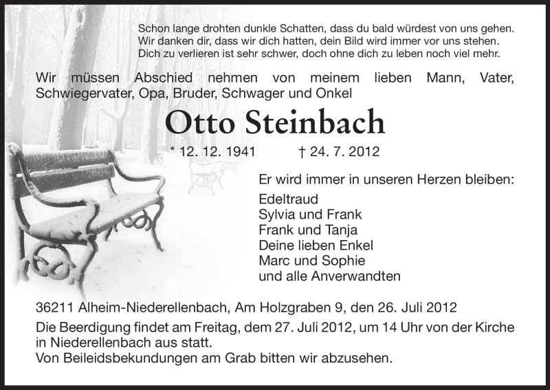  Traueranzeige für Otto Steinbach vom 26.07.2012 aus HNA