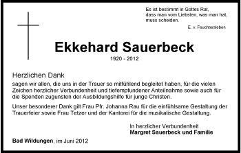 Traueranzeige von Ekkehard Sauerbeck von HNA