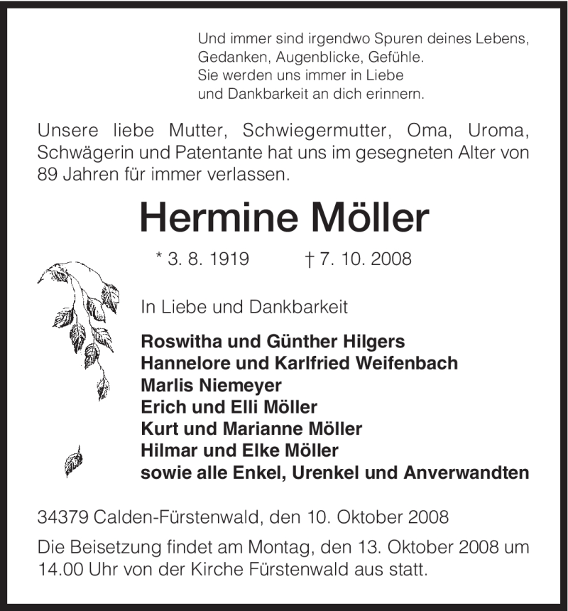 Traueranzeigen Von Hermine Moller Trauer Hna De