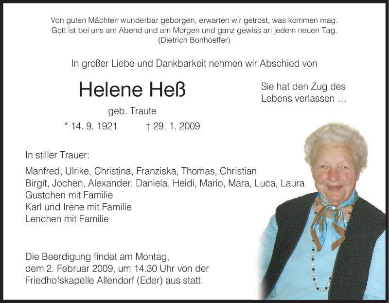  Traueranzeige für Helene Heß vom 31.01.2009 aus HNA