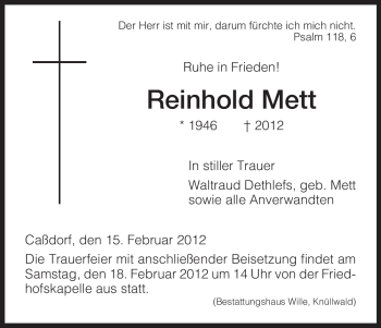 Traueranzeige von Reinhold Mett von HNA