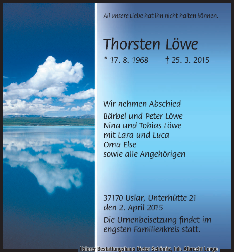  Traueranzeige für Thorsten Löwe vom 02.04.2015 aus HNA