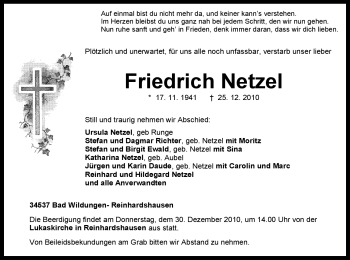 Traueranzeige von Friedrich Netzel von HNA