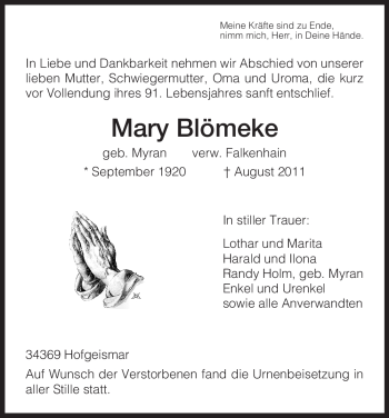 Traueranzeige von Mary Blömeke von HNA