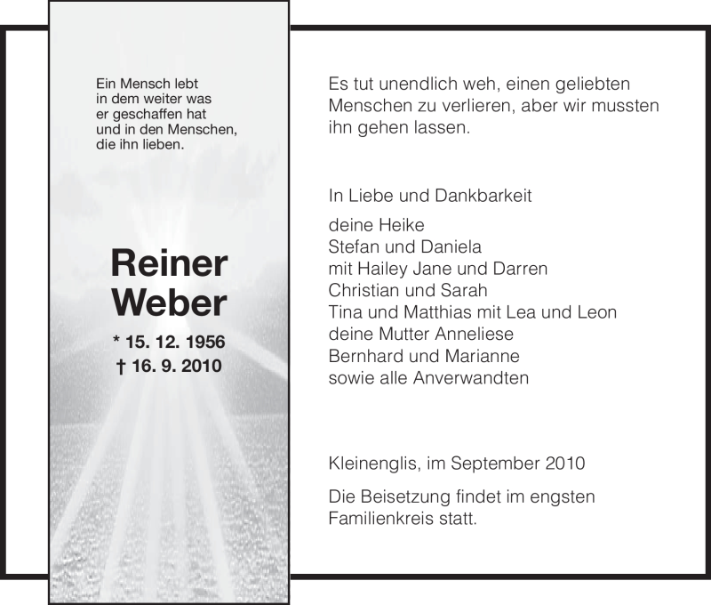  Traueranzeige für Reiner Weber vom 22.09.2010 aus HNA