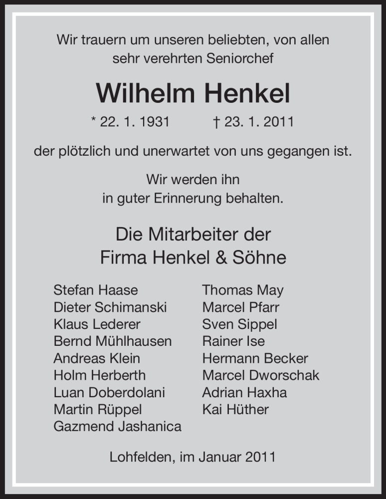  Traueranzeige für Wilhelm Henkel vom 27.01.2011 aus HNA