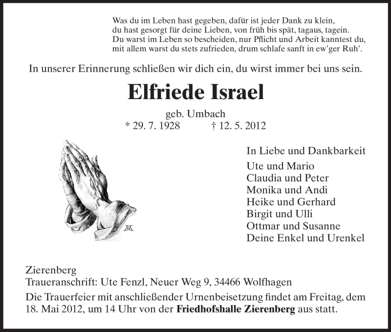  Traueranzeige für Elfriede Israel vom 14.05.2012 aus HNA