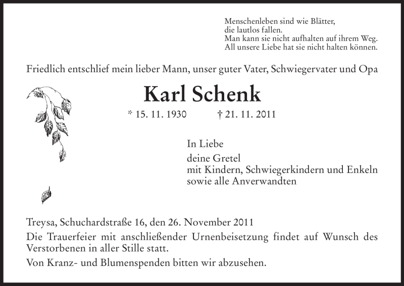 Traueranzeige für Karl Schenk vom 26.11.2011 aus HNA