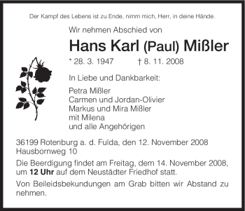 Traueranzeige von Hans Karl Mißler von HNA