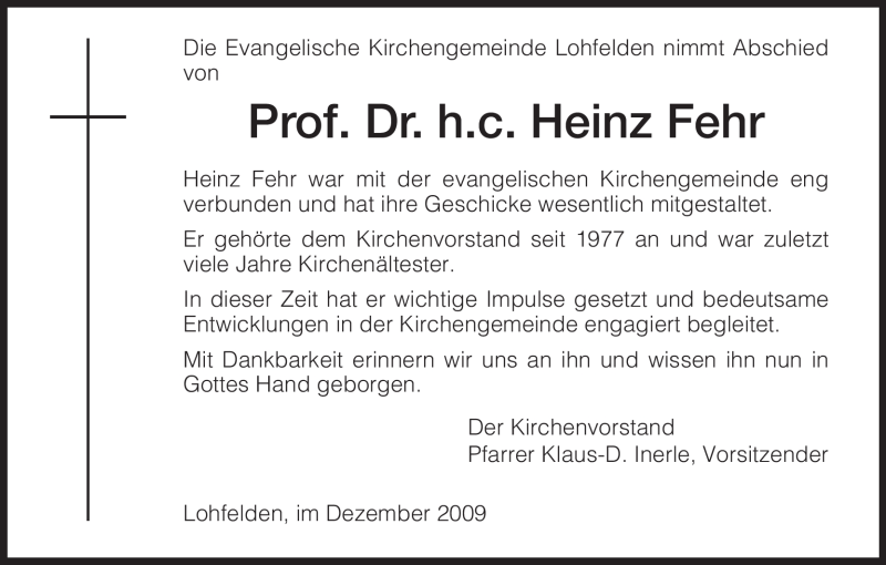  Traueranzeige für Heinz Fehr vom 11.12.2009 aus HNA
