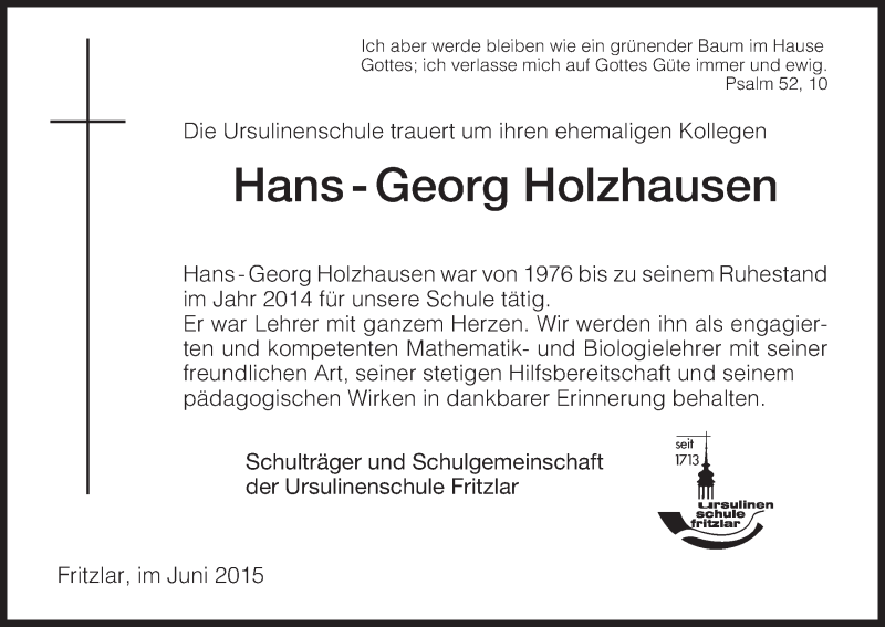  Traueranzeige für Hans-Georg Holzhausen vom 13.06.2015 aus HNA