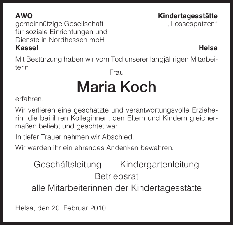  Traueranzeige für Maria Koch vom 20.02.2010 aus HNA
