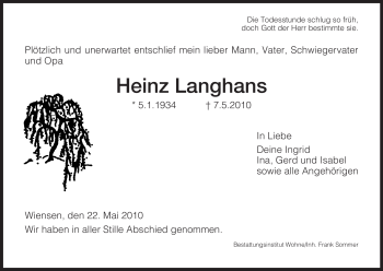 Traueranzeige von Heinz Langhans von HNA
