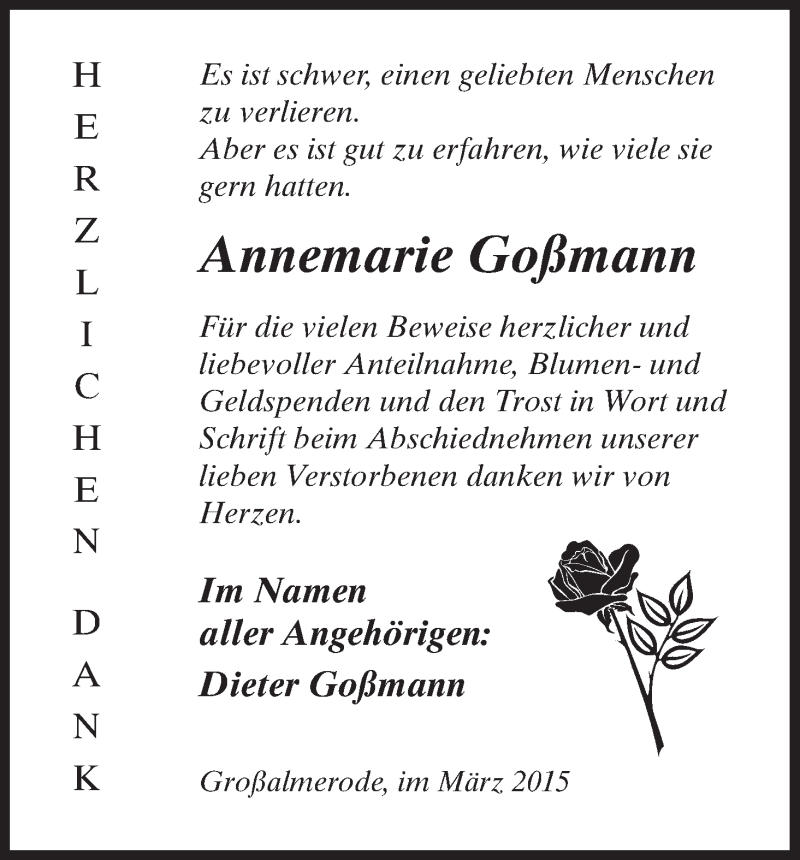  Traueranzeige für Annemarie Goßmann vom 14.03.2015 aus HNA