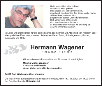 Traueranzeige von Hermann Wagener von HNA