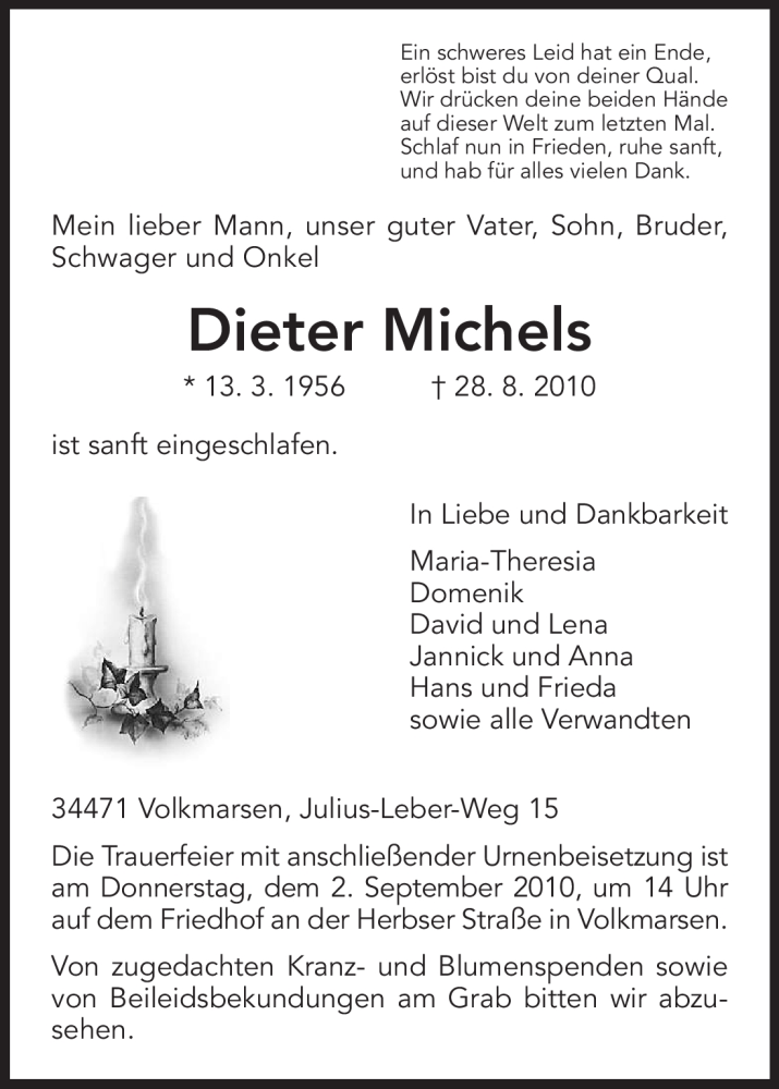  Traueranzeige für Dieter Michels vom 31.08.2010 aus HNA
