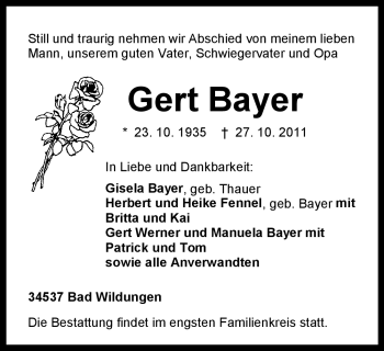 Traueranzeige von Gert Bayer von HNA