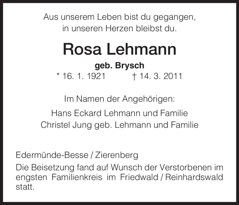  Traueranzeige für Rosa Lehmann vom 02.04.2011 aus HNA