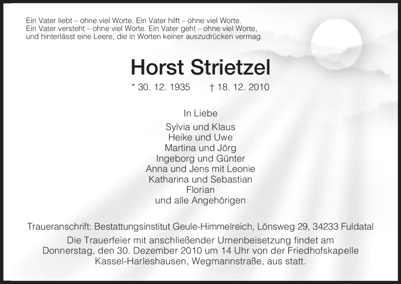  Traueranzeige für Horst Strietzel vom 28.12.2010 aus HNA
