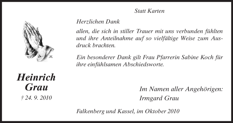  Traueranzeige für Heinrich Grau vom 23.10.2010 aus HNA