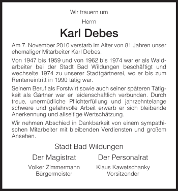 Traueranzeige von Karl Debes von HNA