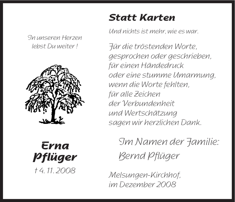  Traueranzeige für Erna Pflüger vom 13.12.2008 aus HNA