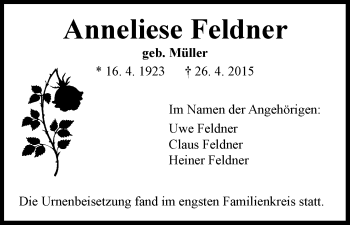 Traueranzeige von Anneliese Feldner von HNA
