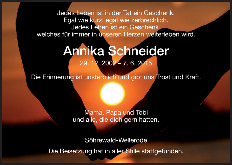  Traueranzeige für Annika Schneider vom 13.06.2015 aus HNA