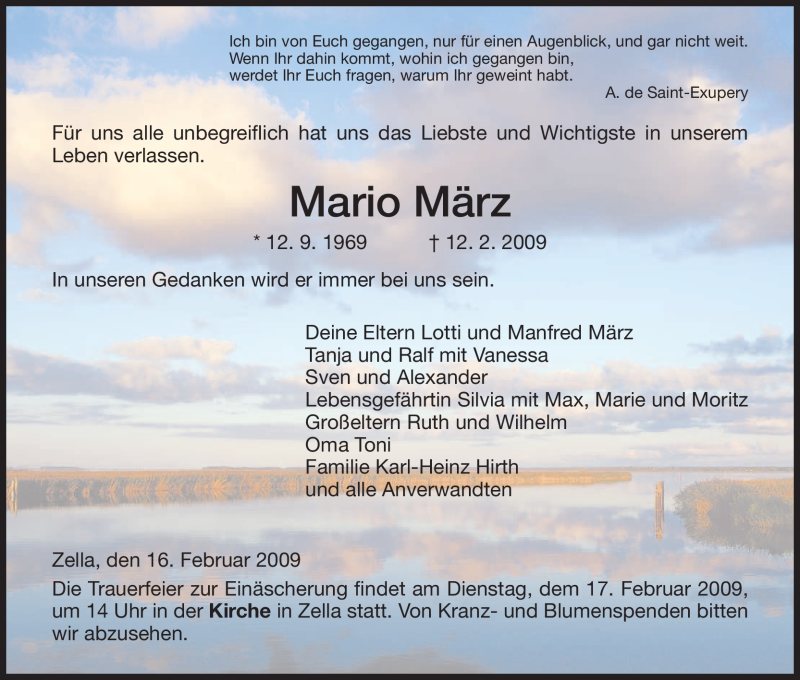  Traueranzeige für Mario Maerz vom 16.02.2009 aus HNA