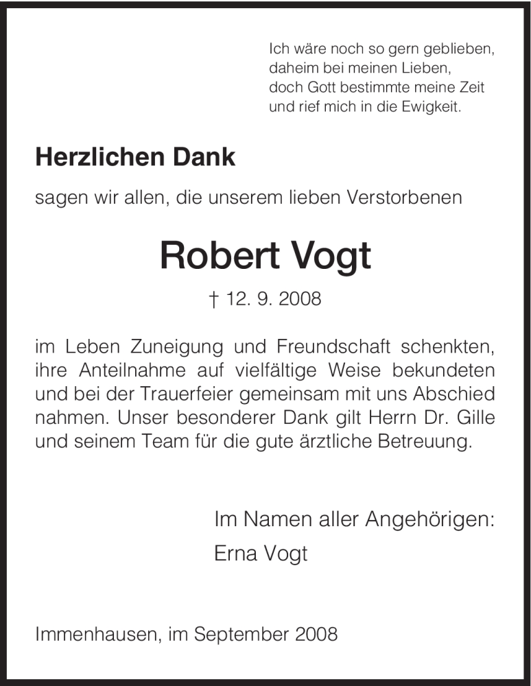  Traueranzeige für Robert Vogt vom 03.10.2008 aus HNA