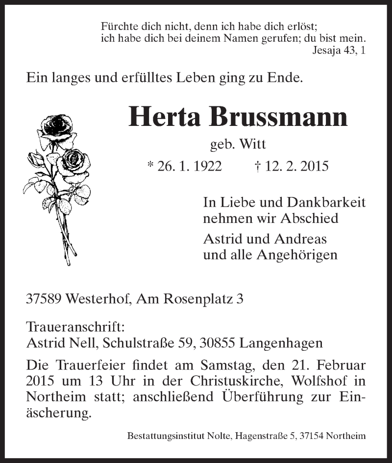  Traueranzeige für Herta Brussmann vom 14.02.2015 aus HNA