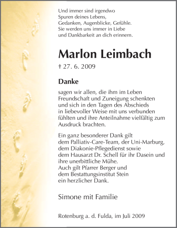 Traueranzeige von Marlon Leimbach von HNA