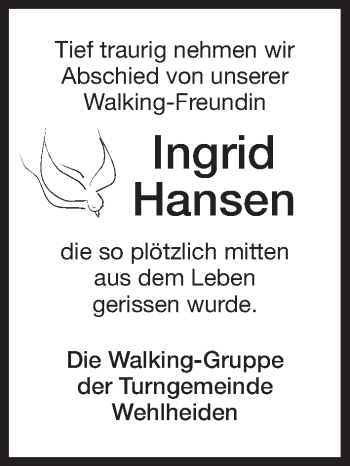 Traueranzeige von Ingrid Hansen von HNA
