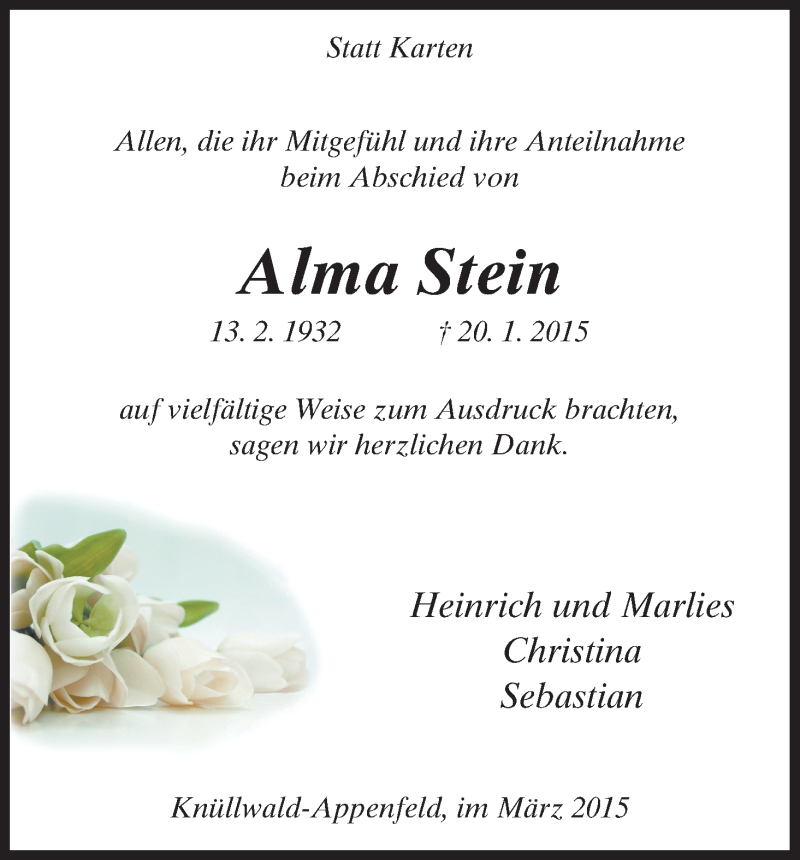  Traueranzeige für Alma Stein vom 07.03.2015 aus HNA