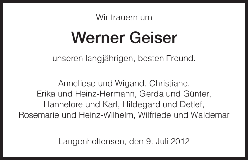  Traueranzeige für Werner Geiser vom 12.07.2012 aus HNA