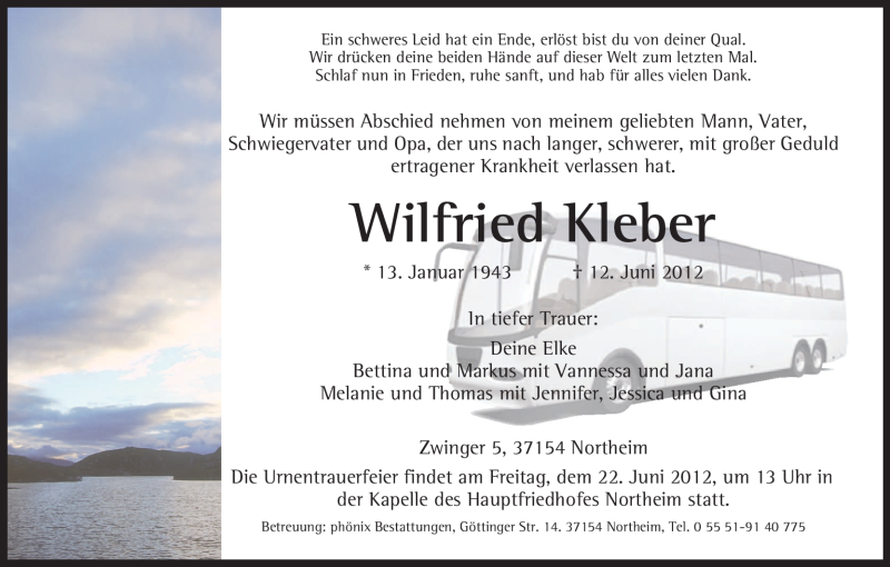  Traueranzeige für Wilfried Kleber vom 16.06.2012 aus HNA