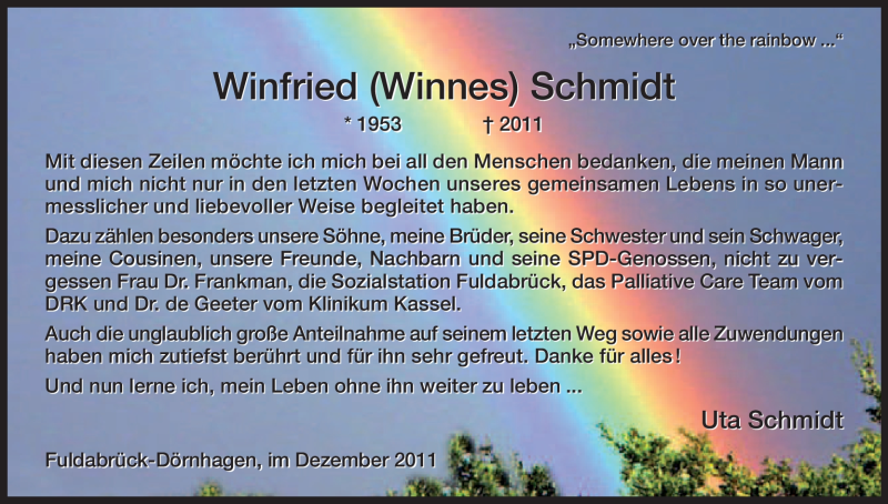  Traueranzeige für Winfried Schmidt vom 24.12.2011 aus HNA