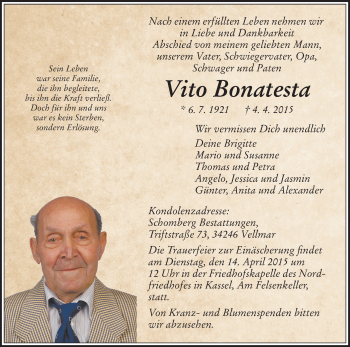 Traueranzeige von Vito Bonatesta von HNA