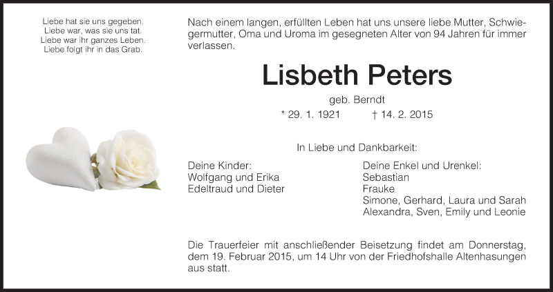  Traueranzeige für Lisbeth Peters vom 14.02.2015 aus HNA