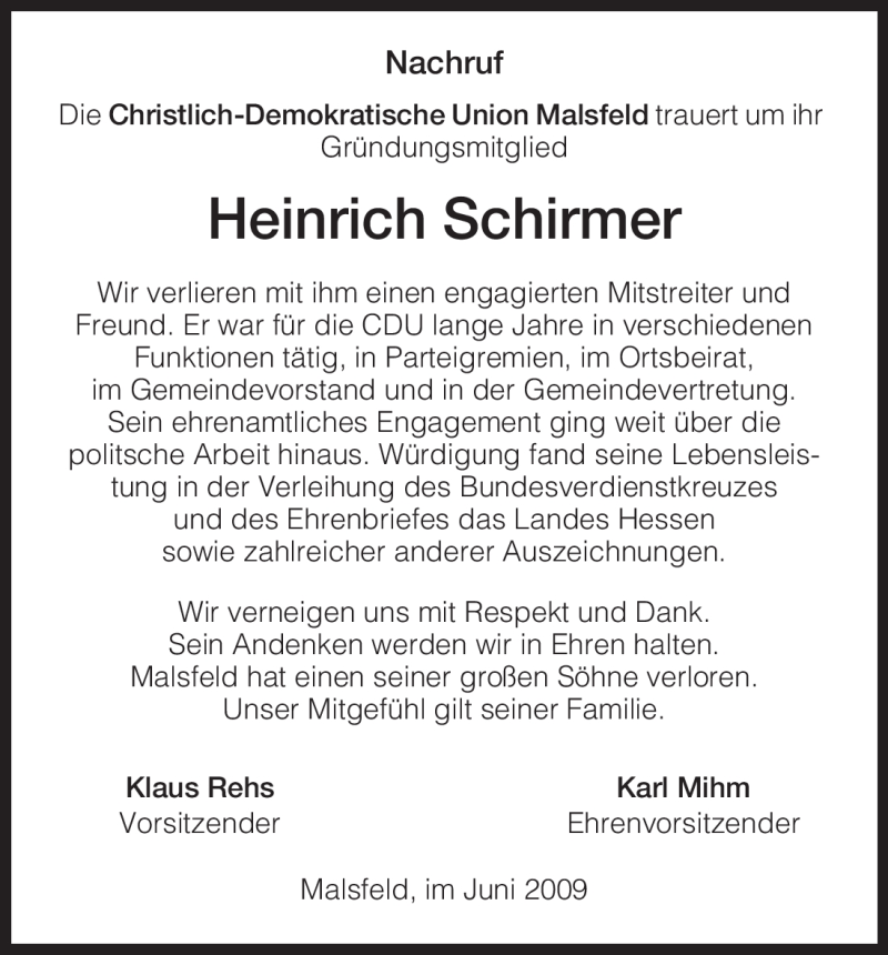  Traueranzeige für Heinrich Schirmer vom 25.06.2009 aus HNA