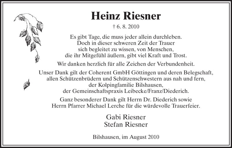  Traueranzeige für Heinz Riesner vom 26.08.2010 aus HNA
