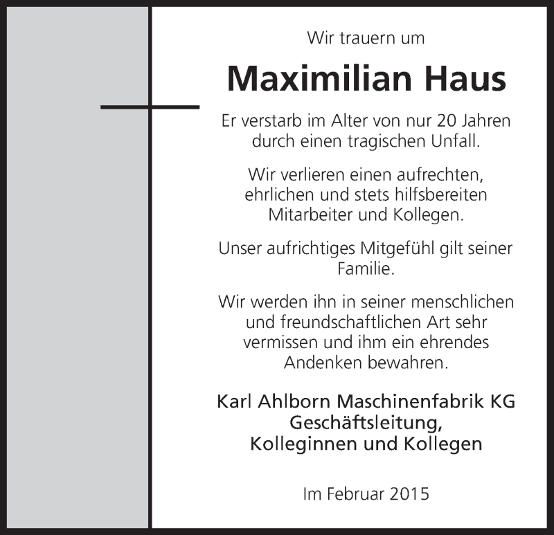 Traueranzeige für Maximilian Haus vom 06.02.2015 aus HNA