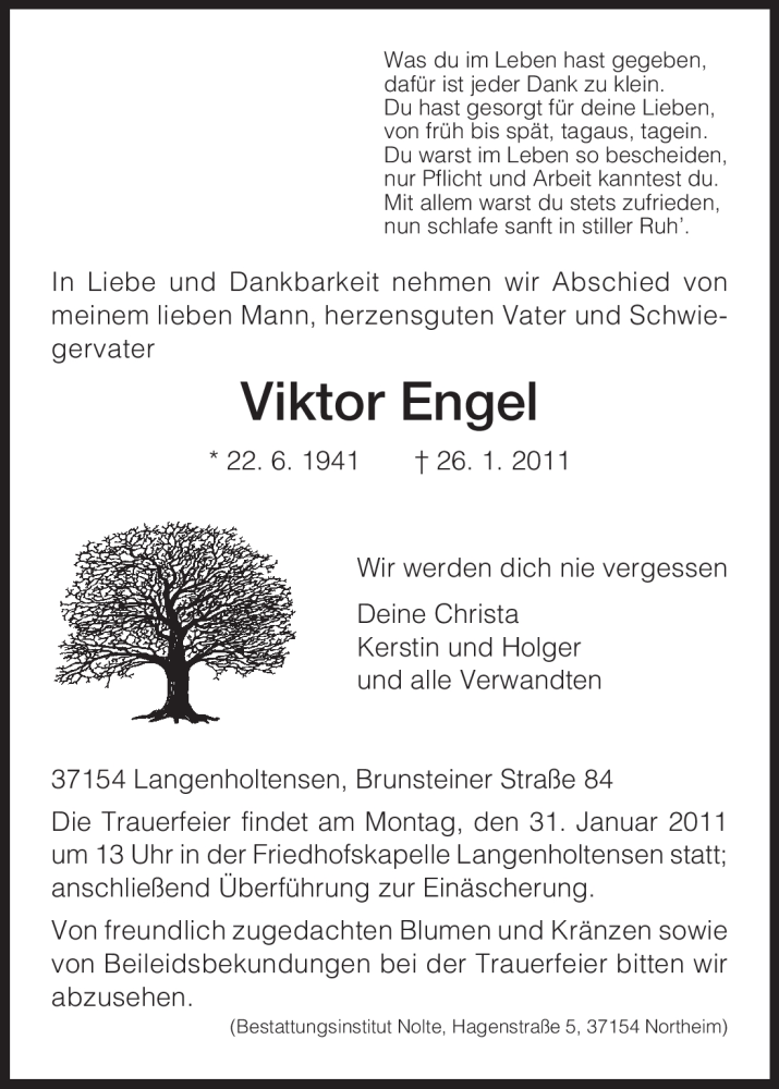  Traueranzeige für Viktor Engel vom 28.01.2011 aus HNA