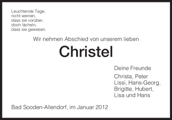 Traueranzeige von Christel Unbekannt von HNA