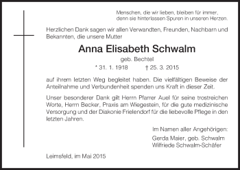 Traueranzeige von Anna Elisabeth Schwalm von HNA