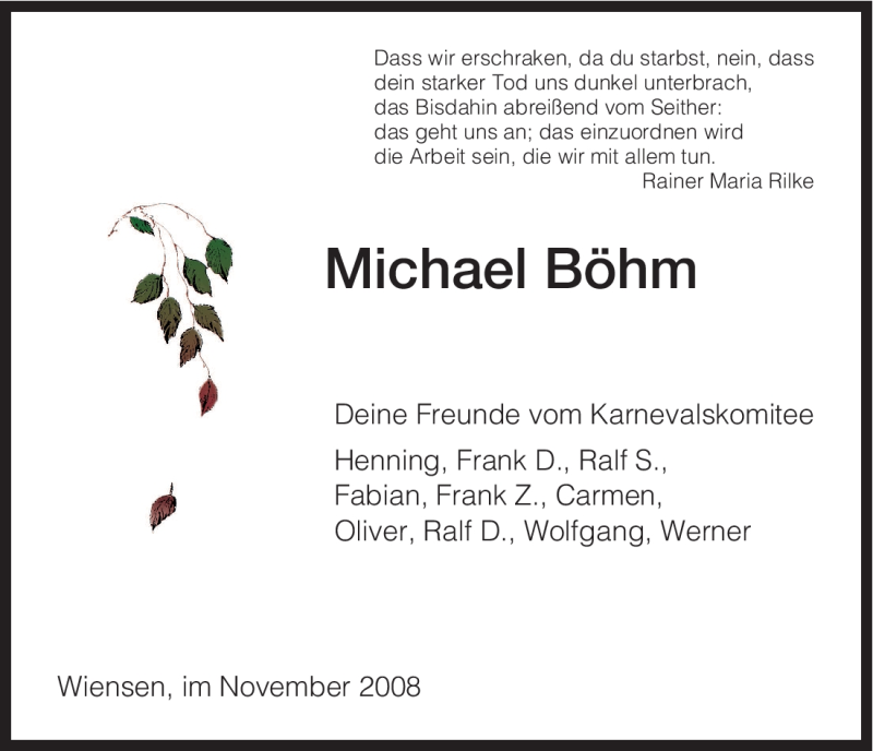  Traueranzeige für Michael Böhm vom 05.11.2008 aus HNA