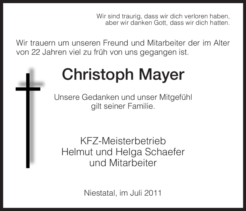  Traueranzeige für Christoph Mayer vom 07.07.2011 aus HNA