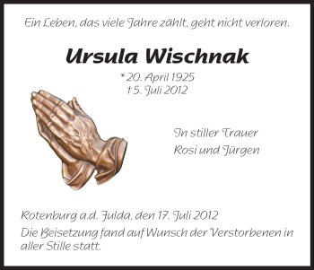 Traueranzeige von Ursula Wischnak von HNA
