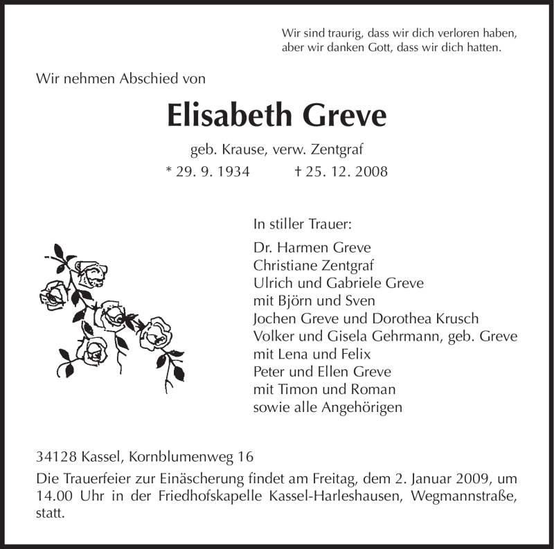 Traueranzeigen von Elisabeth Greve | Trauer.HNA.de